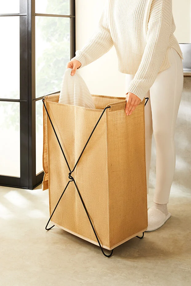 Katlanabilir Bölmeli Siyah Destekli Naturel Jüt Düzenleyici Çamaşır Sepeti 44x29.5x63